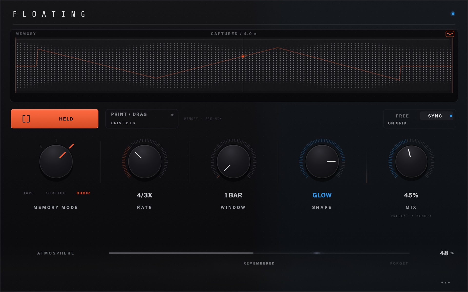 The FLOATING interface: a held Memory drawn across the top, the HELD button lit orange, and Memory Mode, Rate, Window, Shape and Mix knobs below.