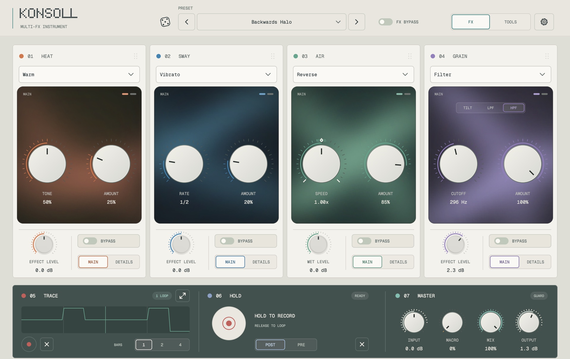 The KONSOLL interface playing the Backwards Halo preset: four modules, HEAT, SWAY, AIR and GRAIN, each with a coloured field and two knobs, above the Trace, Hold and Master sections.