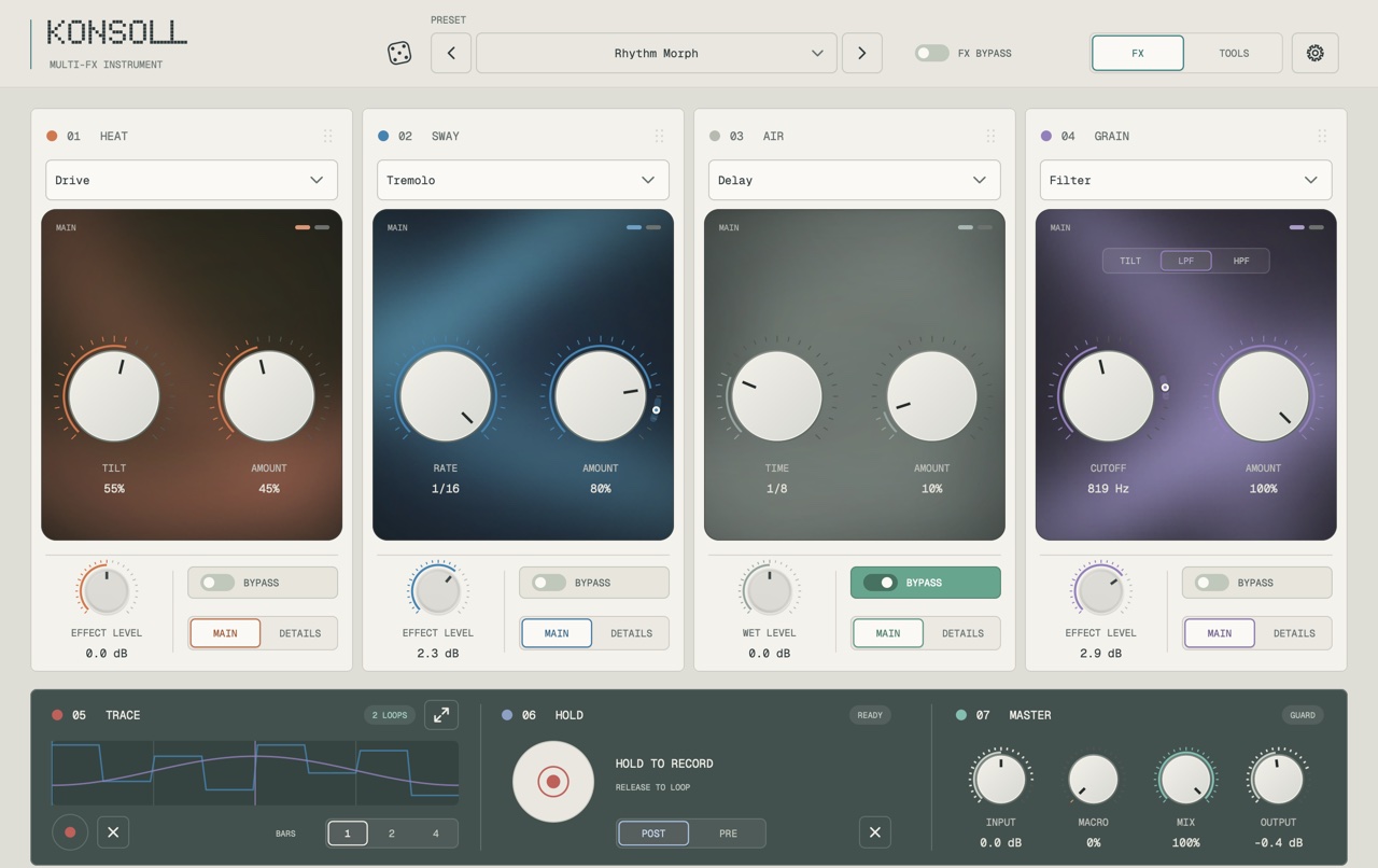 KONSOLL playing the Rhythm Morph preset: Drive, Tremolo and Filter lit, the bypassed AIR module covered in a soft mist.